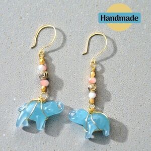 Artisan Gold Toned Wire Wrapped Blue Glass Elephant Charm Earrings